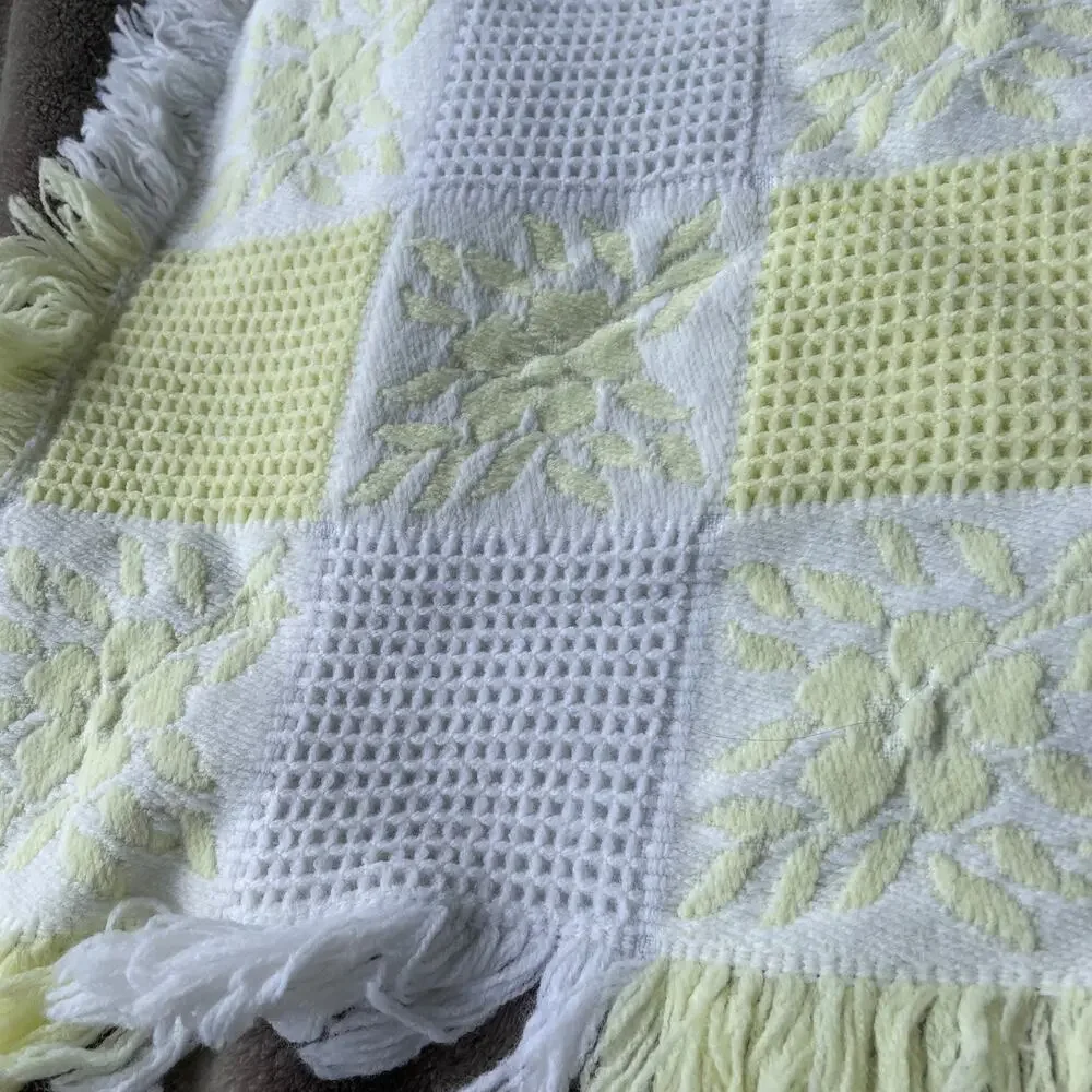 Vintage Waffle Baby Blanket with Fringe Floral Yellow White Square Spain 1980s